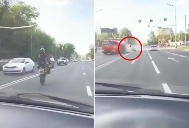 印度一男子骑摩托玩特技时失控撞上油罐车